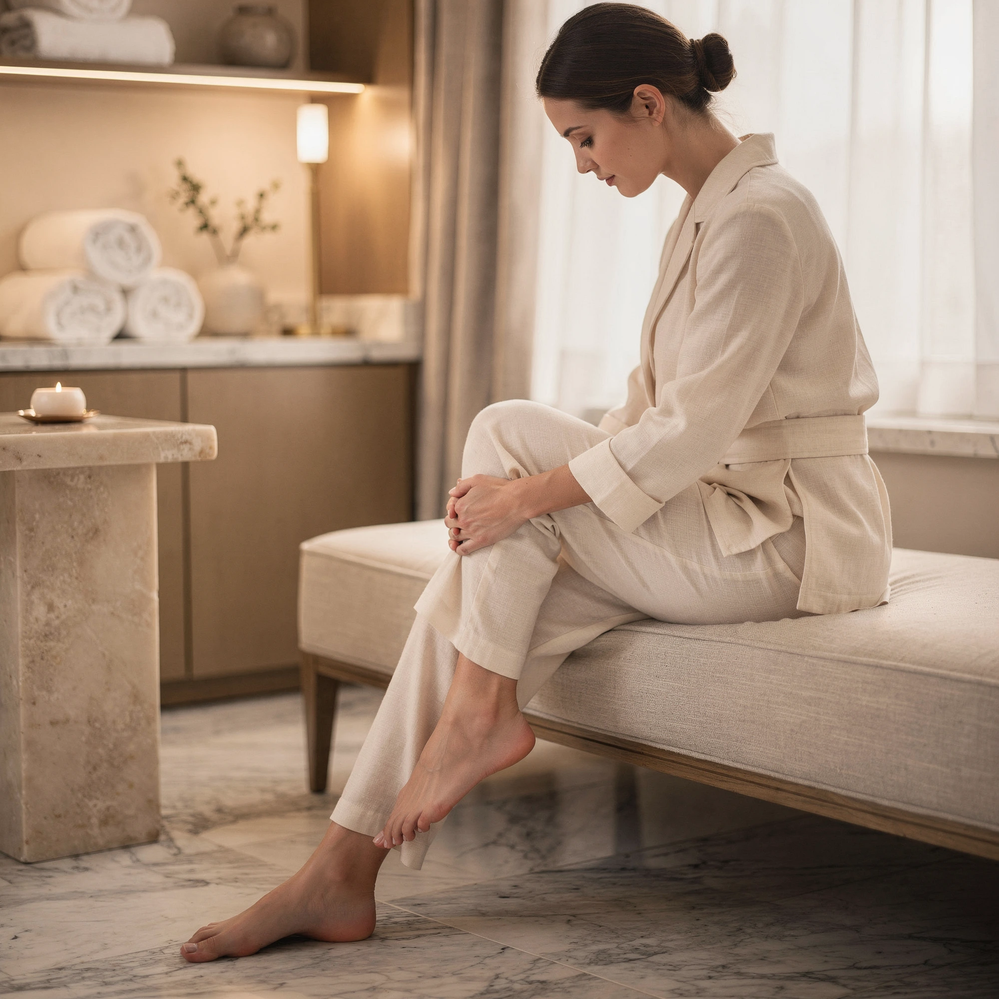 Woman sitting on a bed holding her foot, experiencing foot pain in a spa-like room